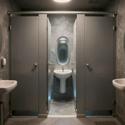 a intergalactic portal in a bathroom stall, portal, intergalactic, bathroom stall, realistic, 8k, detailed