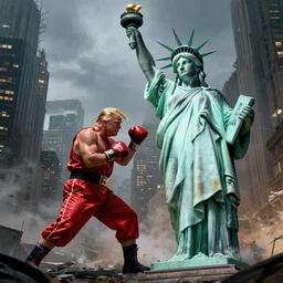 giant Donald Trump boxing the Statue of Liberty fight in Manhattan, post apocalyptic New York, craig mullins, dramatic lighting, very detailed