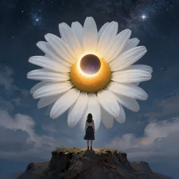 giant white daisy flower blooming on face, girl standing on cliff, surreal photography, solar eclipse, milky way, dramatic light, impressionist painting, clouds, digital painting, artstation, james gilleard, liam wong, jeremy mann, simon stalenhag