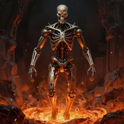 hyperrealistic mixed media painting of a humanoid terminator floating in lava, stunning 3d render inspired art by P. Craig Russell and Barry Windsor-Smith + perfect body symmetry + dim volumetric lighting, 8k octane beautifully detailed render, post-processing, extremely hyperdetailed, intricate futuristic mechanic parts, epic composition, grim yet sparkling atmosphere, cinematic lighting + masterpiece, trending on artstation