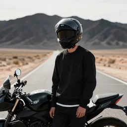 portrait photo of young man posing with a black modular helmet, standing on a desert road next to motorcycle, silhouette of mountains in background, sunset, golden hour, backlit, smooth volumetric light, octane, highly detailed masterpiece by hy money and atiba jefferson and lucas murnaghan