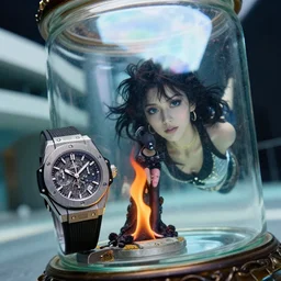 cinestill 5 0 d, 8 k, j. j abrams flare ; esoteric studio photo hublot timepiece in ana meets ran ( 1 9 9 0 ) film still underwater scene in frontiers in iridescent photography fashion magazine june seinen manga portrait edition, real - life seinen manga shaped occult figurine flare in victorian glass jar, releve pose, perfect eyes, tilt shift wide shot zaha hadid background