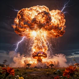 a dramatic nuclear explosion but with flowers, mushroom, dramatic lightning, octane render, cinematic rendering, 8k