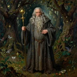 a full length portrait of  wise, quirky,  Gandalf, the gray (Ian McKellen).  Pre-Raphaelite oil painting, inspired by Henry Meynell Rheam: The Fairy Wood