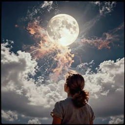 an aged analog photograph of a woman looking at the moon exploding in the sky, seen from behind, detailed clouds, high contrast, film grain, color bleed