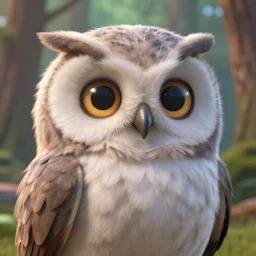 cinematic, anthropomorphic owl character, fluffy puffy feathers, made in 3 d, friendly face, large eyes, super cute, forrest background, realistic detailed hyperrealistic, depth of field, sharp focus, by brian froud and dark crystal
