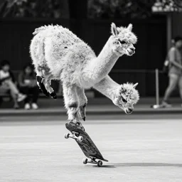 feathered alpaca doing kickflip on a skateboard, bw street photography