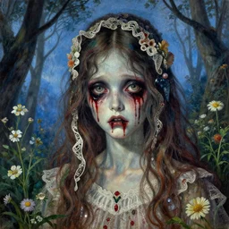 a pretty but sinister and creepy creature in layers of fear decoupage, with haunted eyes, bleeding, violence in his eyes, 1 9 7 0 s, seventies, delicate embellishments, a little blood, woodland, blue dawn light shining on wildflowers, painterly, offset printing technique, by walter popp, alexandre cabanel