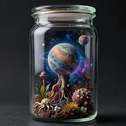 glass jar with very rich and very beautiful cosmic sci-fi alien space life from another planet inside zoological scientific illustration, made by Ernst Haecke