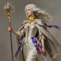a paladin with light white hair and a gold scarf, windy, cape, purple and blue ribbons, stars, stoic, modern maximalist fashion dress, is ( ( holding a staff ) ). light dust, magnificent, hyperdetailed, theatrical, painted by jean honore fragonard and greg rutkowski