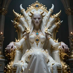 a photo of 8k ultra realistic corrupted lovecraftian cyber queen on her throne, 8 intricate white and gold neo, ornate, cinematic lighting, trending on artstation, 4k, hyperrealistic, focused, high details, unreal engine 5, cinematic, masterpiece