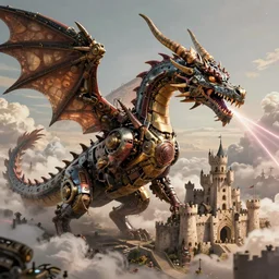 A dragon made of machine parts spitting laser to attack the castle, steampunk, ultra detailed, 4k, retro future, clouds in the sky, by Greg Rutkowski and Jakub Rozalski, artstation, concept art, artstation
