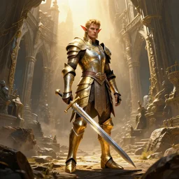 standing elf with armor in golden and silver colors and a curve long sword in front of the tirith mines, epic masterpiece of cinematographic hyperrealism, realistic shaded lighting poster by craig mallismo, artgerm, jeremy lipkin and michael garmash, unreal engine, radiant light, detailed and intricate environment, digital art, art station trends