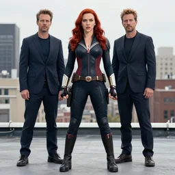 peter mohrbacher, phil noto, pretty scarlett johansson black widow, symmetrical eyes, long red hair, full body, city rooftop