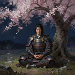 beautiful painting of an armoured samurai meditating under a blossom tree, realistic, digital painting, concept art, matte painting, cinematic night lighting, 8 k, highly detailed, detailed terrain, trending artstation