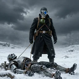 portrait of futuristic world war 1 soldier with gas mask that drags a dead cyborg through the snow, black clothes, dark clouds, blue filter, dripping paint, ultrarealistic, photorealistic, intricate detail by greg rutkowski, craig mullins, ash thorpe, fibonacci rhythm ar