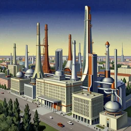 futuristic soviet city with factories by Marcello Bacciarelli, Léon Bakst, James Bard, Auguste Baud-Bovy, Romare Bearden