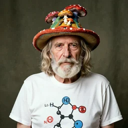 portrait of Timothy Leary as the grandfather of the psychedelic mushrooms, wearing a funny hat and a t-shirt with the LSD molecule printed on it