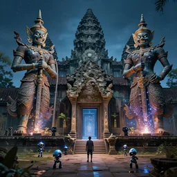 establishing shot of a cyberpunk angkor wat with giant mechanical and angry asian gods, portals, sparkling, night time lights, small robots, ancient trees by paul lehr, jesper ejsing
