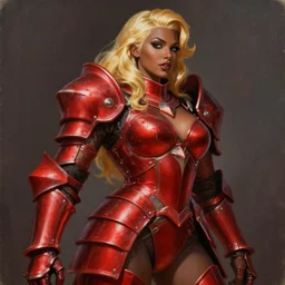 Picture of Female Paladin, bulky armor, metallic red, golden hair, dark brown skin, becautiful face, pin-up sexy poster girl, side angle, by wlop, artgerm and genzoman, painting, HD