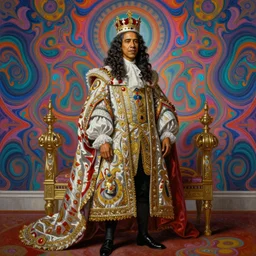 beautiful oil painting, full length portrait of Barack Obama as Louis xiv in coronation robes 1701, Dan Mumford, Dan Mumford, Alex grey, Alex grey, highly detailed , lsd visuals, dmt fractal patterns, hallucinogen, visionary art, psychedelic art, ornate, vaporwave, baroque