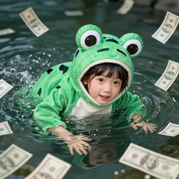 A girl in a frog costume is drowning in money