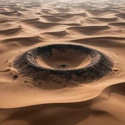 landscape photo of a round dark crater in a desert surrounded by sand dunes that resemble an iris