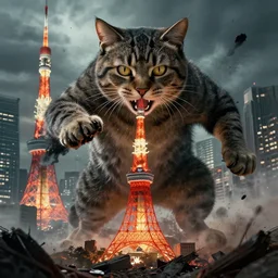 monster tabby cat attacks Tokyo, disaster movie poster, concept art by Ross tran, masterpiece, masterwork, artstation, cgstudio