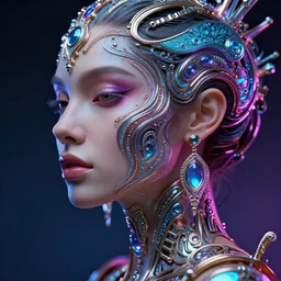 a highly detailed photo of very intricate female face full body portrait, futurism, rococo cyber neon lighting, detailed futuristic fibonacci jewelry, profile posing, hyper photorealistic, crispy quality, digital photography, trending in pinterest, cinematic, 4 k ultra hd, art by pascal blanche, art by greg rutkowski, art by artgerm,