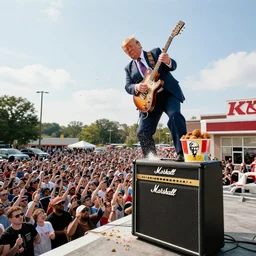 donald trump shredding a guitar solo on the roof of a kfc. he plays through a marshall full - stack which has a family bucket of chicken sat on top of it. a huge crowd gathers in the parking lot below, kanye west is in the crowd.