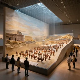 megalophobia!!!!! photo of an exhibit museum room, people looking at a huge tri - dimensional diorama depicting the full history of humanity, national art museum, scientific, ethereal, rule of thirds, non - euclidean geometry