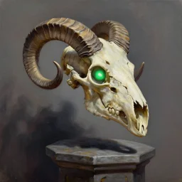 dragon skull floating above a pedestal, oil painting by seb mckinnon, mtg, hearthstone, side - view, dragon skull with ram horns and glowing green eyes, stark shadows