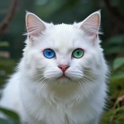 hyperrealistic image of fun, fluffy white cat with one blue eye and one green eye, in a fairy garden, stunning 3 d render inspired art by greg rutkowski and xiang duan, perfect facial symmetry, realistic, highly detailed attributes and atmosphere, dim volumetric cinematic lighting, 8 k octane detailed render, post - processing, masterpiece