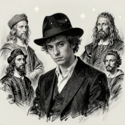 ( thirtytsix years old!!!, quirky, melancholic ) [ [ [ lee evans ] ] ] as [ [ [ tristan thorn ] ] ] ( with a hat ) in stardust ( 2 0 0 7 ), sketch by leonardo da vinci, van dyck, caravaggio and rembrandt, overcast lighting, high contrast, strong shadows, inspired by robert capa