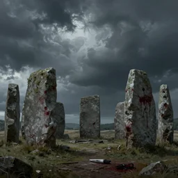 detailed photorealistic matte painting bloody ritual stone circle ominous sky