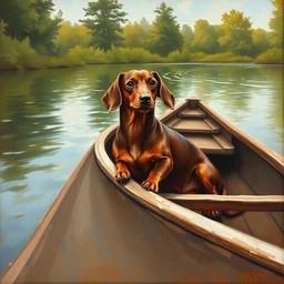 a brown dachshund sitting in a wooden canoe, wlop, renaissance painting, oil on canvas, adorable, beautiful environment, paddle