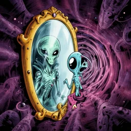 cartoon, animation, mirror, portal, alternate reality, bizarre, bold lines, detailed, alien, multiverse, disturbance, warp, worm hole