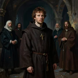 jesse eisenberg as an enigmatic medieval christian ( ( monk ) ) in a dark underground city. dark shadows, colorful, law contrasts, ( ( ( light diffraction ) ) ) fantasy portrait by jakub rozalski, jan matejko, and j. dickenson
