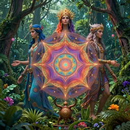 spirit guardians of the bush in lush rainforest in wonderland dmt tripping, sacred geometry details, by jean giraud, coherent, psychedelic, hyper realism, high detail, vivid colors, octane render, unreal engine, 8 k, smooth gradients, high contrast, depth of field by jacek yerka