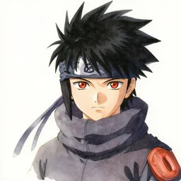a spiky black - haired red - eyed young ninja portrait by yoshitaka amano and moebius, watercolor, soft, delicate, masterpiece, anime