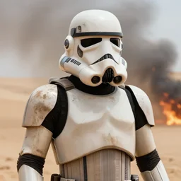 star wars the force awakens film still, closeup on a dirty sandtrooper the desert, smoke, embers, hyper detailed, smooth, high contrast, volumetric lighting, j. j. abrams, doug chiang, ryan church, james clyne