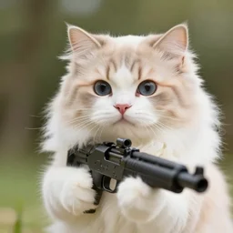 cute fluffy cat with gatling gun