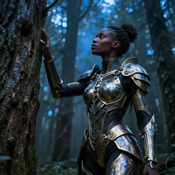 hyperrealistic very beautiful! black woman with detailed exoskeleton armor, touching tree in a forest, digital art masterpiece brad kunkle dramatic blue light low angle hd 8k sharp focus