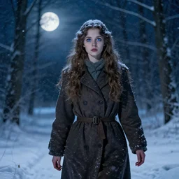 strange girl with blue eyes. walking in the forest at night. full moon. hyper detailed. soviet propaganda. socialist realism. beautiful and eerie. it is snowing
