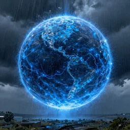 A large sphere of blue energy, rain, by greg rutkowski