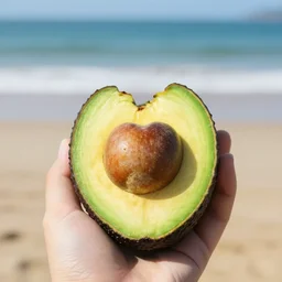 an avocado humbly offering a heart on the beach