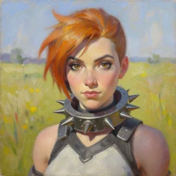 oil painting of tracer overwatch in a field wearing spiked collar around neck, in style of raymond swanland, expressive face, wearing choker, steel collar, steel choker, wearing collar on neck, detailed face, detailed eyes, full body, feminine face, tracer overwatch,