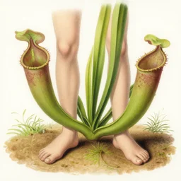1860 botanical illustration of a carnivorous plant with human legs, high detail, painted colour
