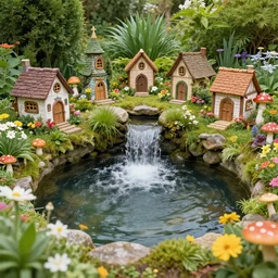 pond with mini waterfall surrounded with a small fairy village and flowers and mushrooms