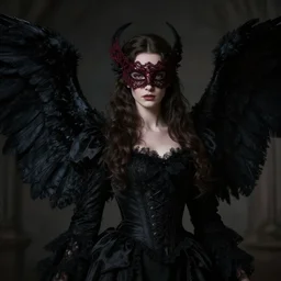 a dark angel with black wings spread wide and victorian style clothing, with a dark red lace face mask, beautiful face, cinematic lighting, low key contrast, detailed, hyperrealistic, character concept art by tolkien and greg rutkowski